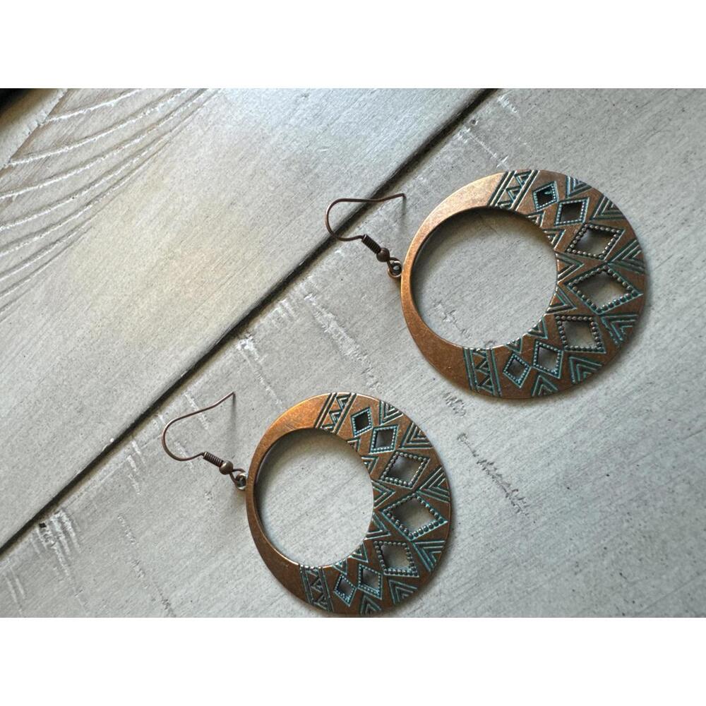 Round Copper Hoop Earrings with Geometric Pattern